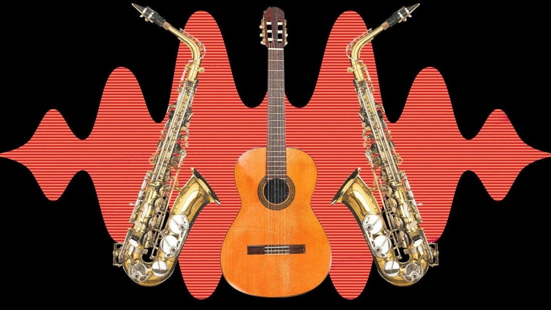 A Picture of a Guitar and a Two Saxophones